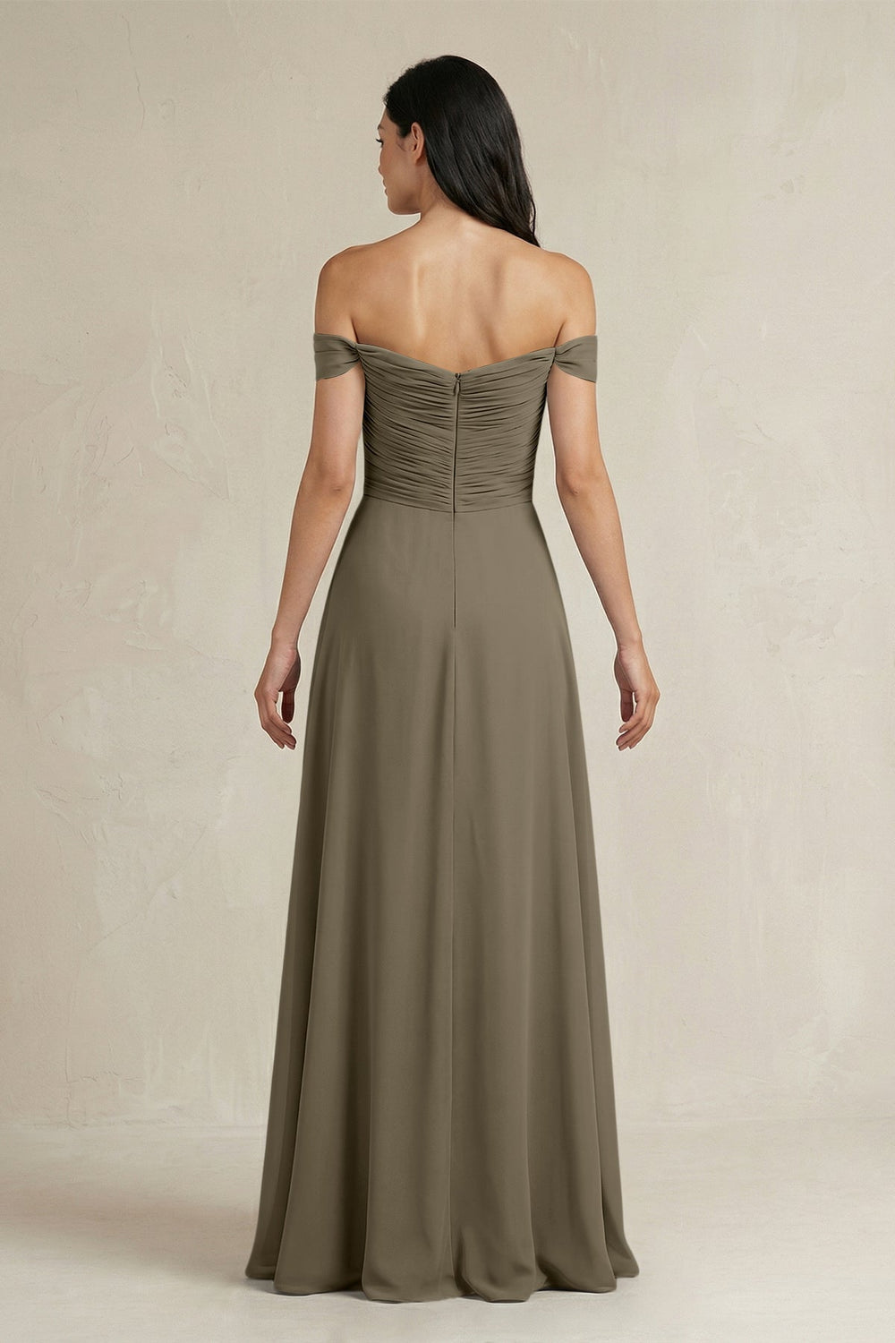 A - Line Pleated Off - the - Shoulder Chiffon Bridesmaid Dress in Willow Green - KissProm Bridesmaid Dresses