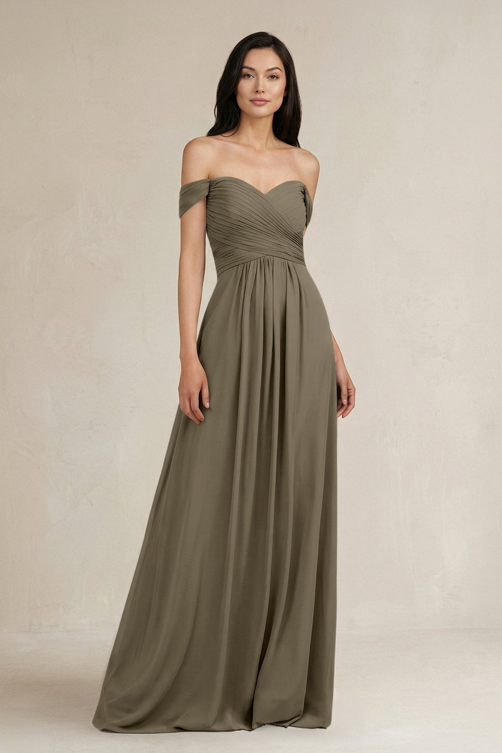 A - Line Pleated Off - the - Shoulder Chiffon Bridesmaid Dress in Willow Green - KissProm Bridesmaid Dresses