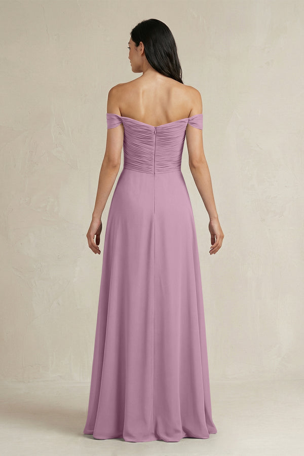 A - Line Pleated Off - the - Shoulder Chiffon Bridesmaid Dress in Wisteria - KissProm Bridesmaid Dresses