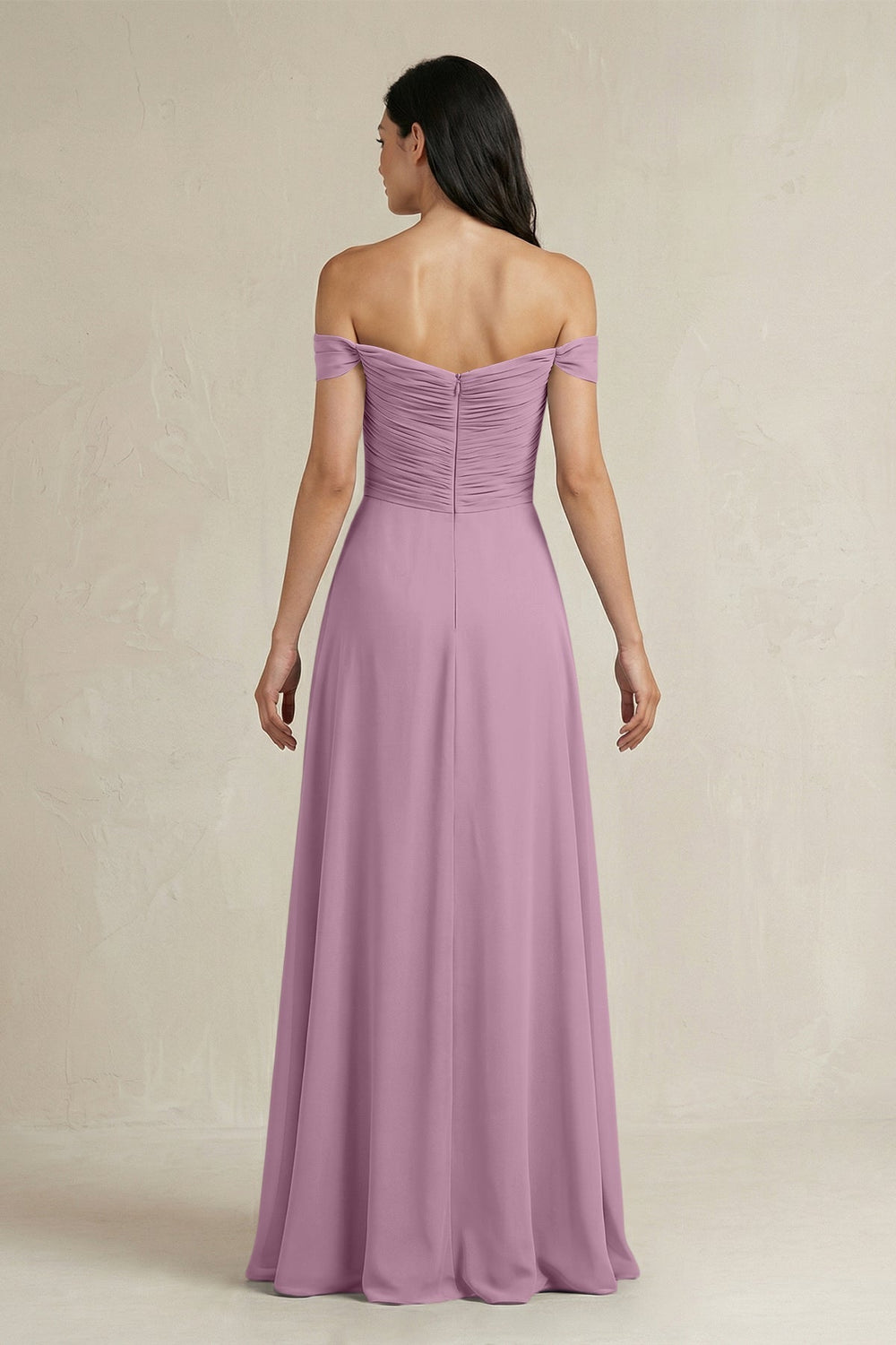 A - Line Pleated Off - the - Shoulder Chiffon Bridesmaid Dress in Wisteria - KissProm Bridesmaid Dresses