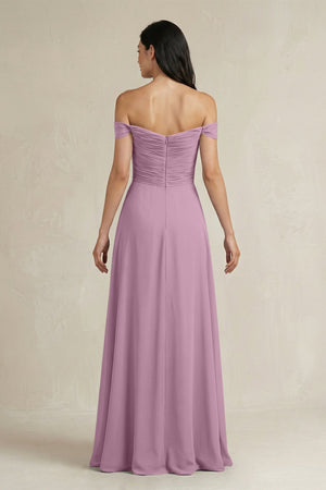 A - Line Pleated Off - the - Shoulder Chiffon Bridesmaid Dress in Wisteria - KissProm Bridesmaid Dresses