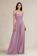 A - Line Pleated Off - the - Shoulder Chiffon Bridesmaid Dress in Wisteria - KissProm Bridesmaid Dresses