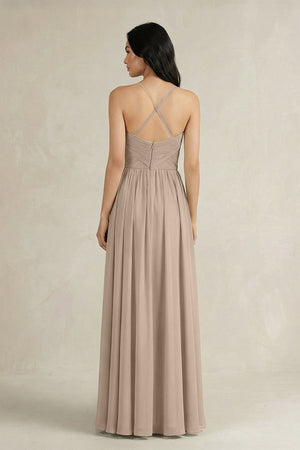 A - Line Pleated Spaghetti Strap Chiffon Bridesmaid Dress in Almond - KissProm Bridesmaid Dresses