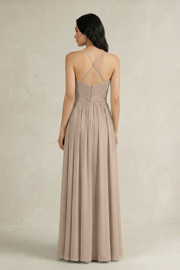 A - Line Pleated Spaghetti Strap Chiffon Bridesmaid Dress in Almond - KissProm Bridesmaid Dresses