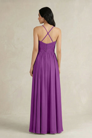 A - Line Pleated Spaghetti Strap Chiffon Bridesmaid Dress in Amethyst - KissProm Bridesmaid Dresses