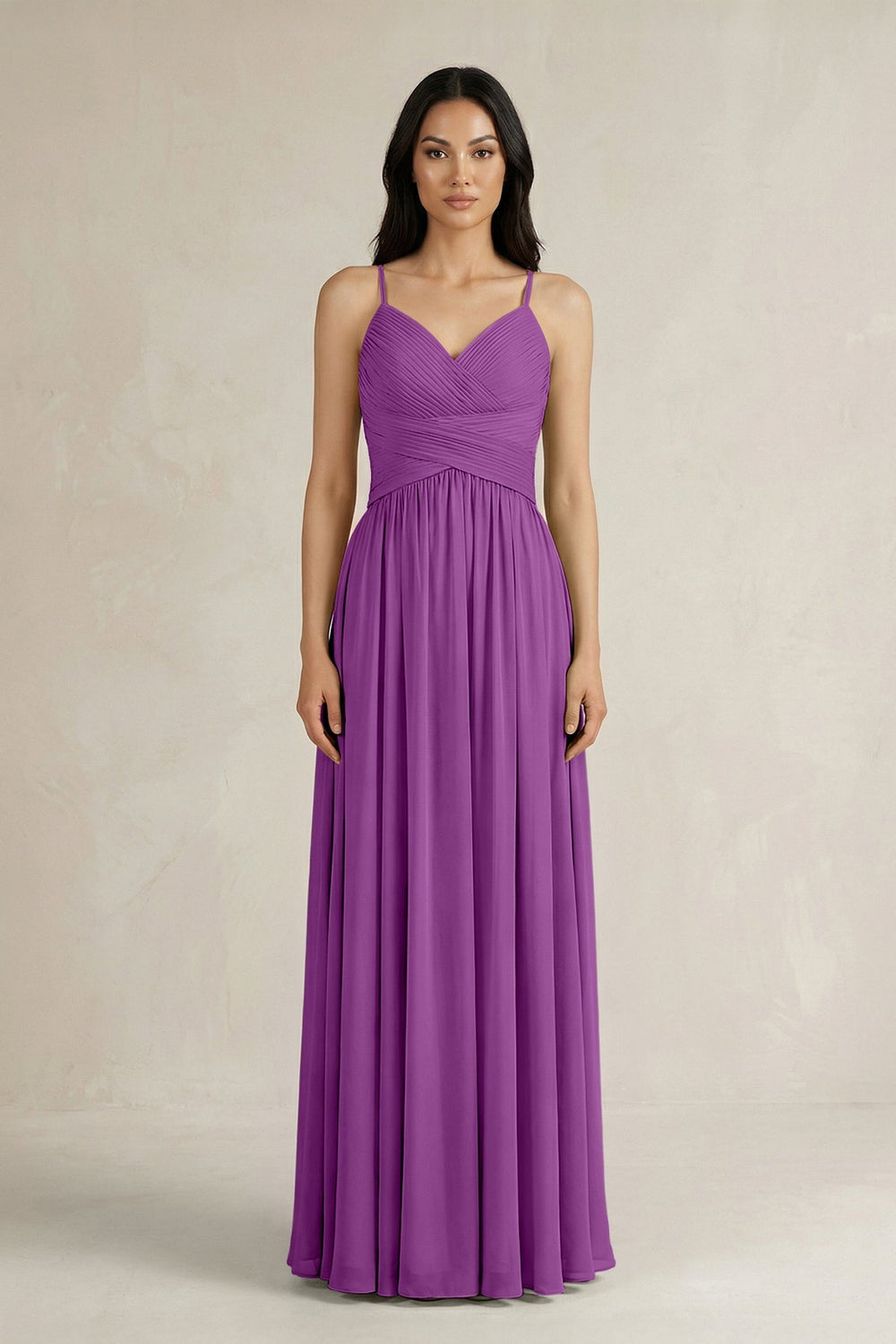 A - Line Pleated Spaghetti Strap Chiffon Bridesmaid Dress in Amethyst - KissProm Bridesmaid Dresses