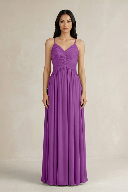 A - Line Pleated Spaghetti Strap Chiffon Bridesmaid Dress in Amethyst - KissProm Bridesmaid Dresses