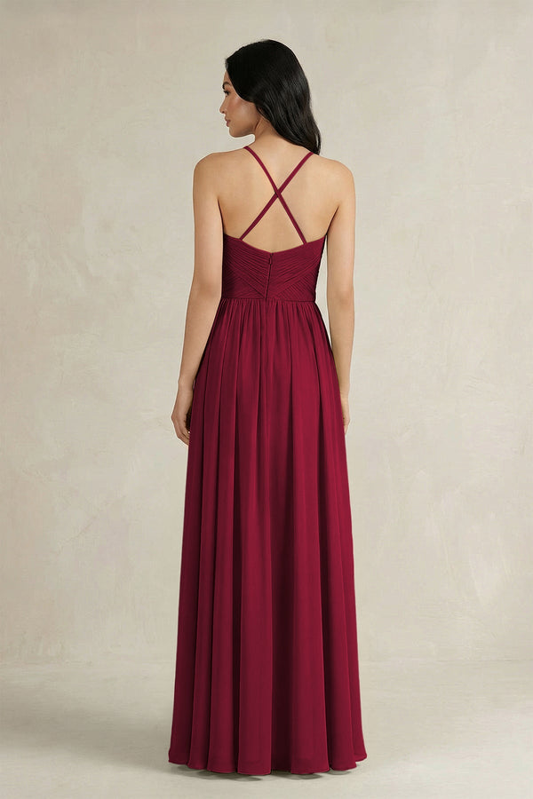 A - Line Pleated Spaghetti Strap Chiffon Bridesmaid Dress in Berry - KissProm Bridesmaid Dresses