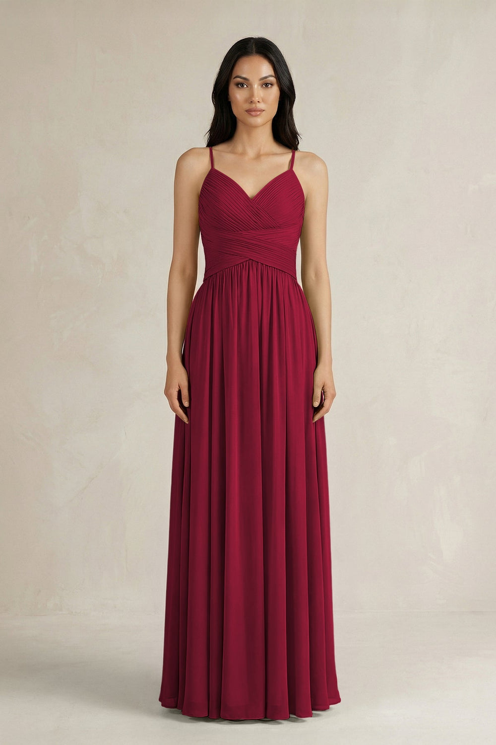 A - Line Pleated Spaghetti Strap Chiffon Bridesmaid Dress in Berry - KissProm Bridesmaid Dresses