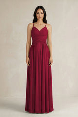 A - Line Pleated Spaghetti Strap Chiffon Bridesmaid Dress in Berry - KissProm Bridesmaid Dresses