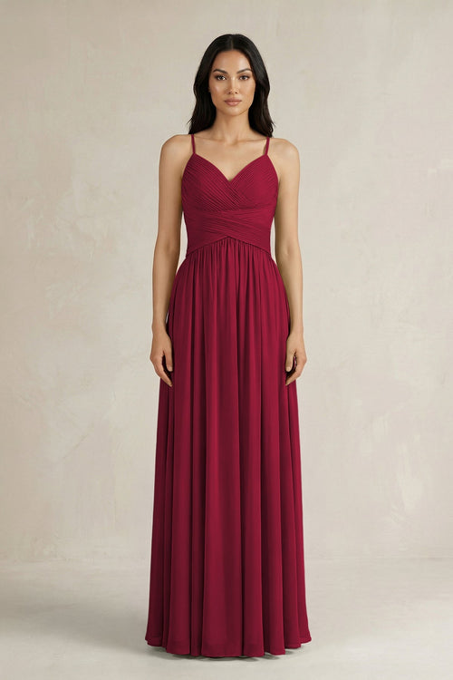 A - Line Pleated Spaghetti Strap Chiffon Bridesmaid Dress in Berry - KissProm Bridesmaid Dresses
