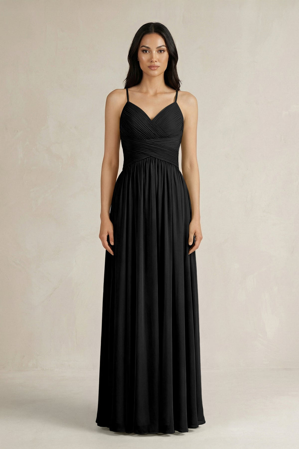 A - Line Pleated Spaghetti Strap Chiffon Bridesmaid Dress in Black - KissProm Bridesmaid Dresses
