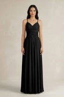 A - Line Pleated Spaghetti Strap Chiffon Bridesmaid Dress in Black - KissProm Bridesmaid Dresses