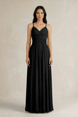 A - Line Pleated Spaghetti Strap Chiffon Bridesmaid Dress in Black - KissProm Bridesmaid Dresses