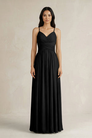A - Line Pleated Spaghetti Strap Chiffon Bridesmaid Dress in Black - KissProm Bridesmaid Dresses