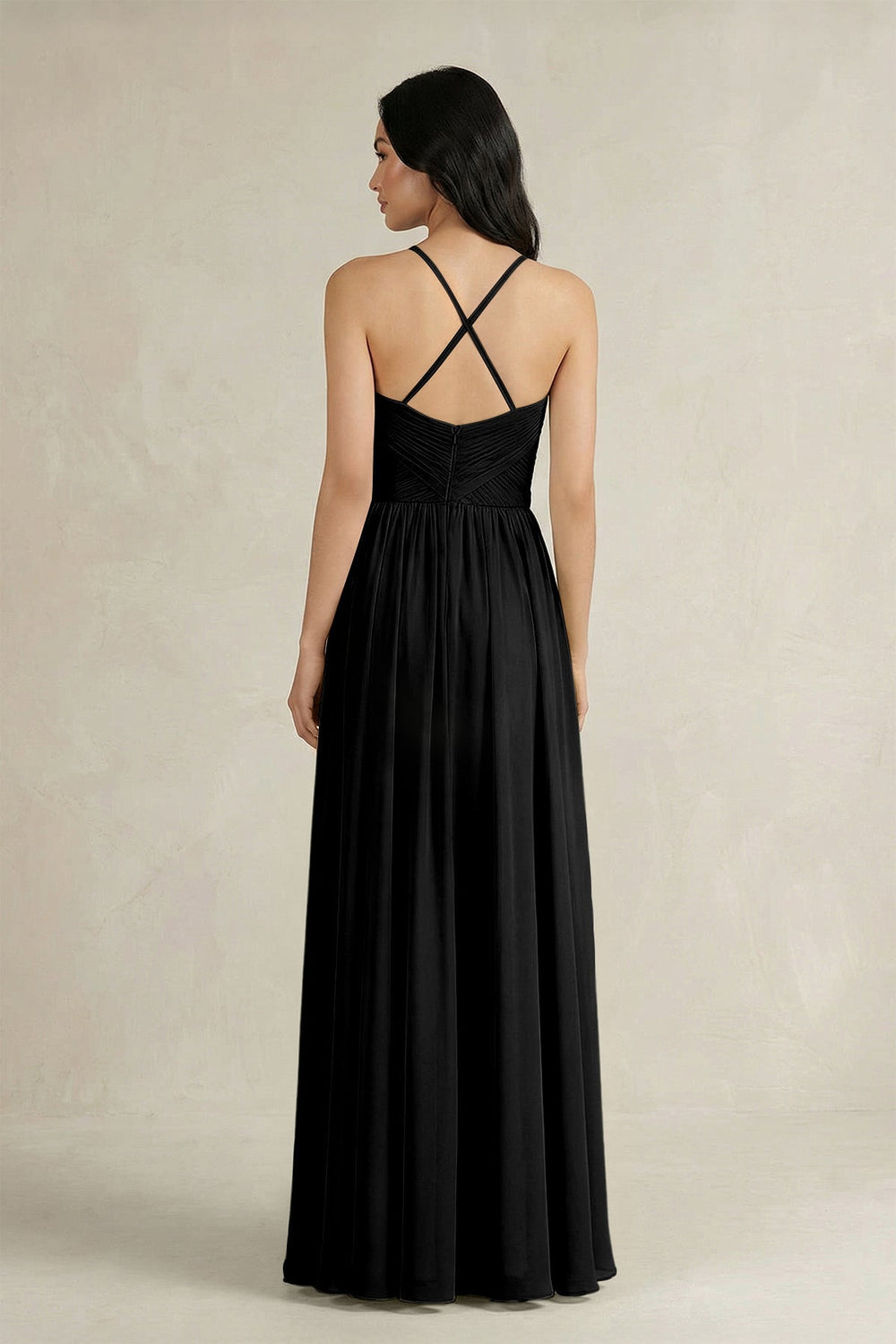 A - Line Pleated Spaghetti Strap Chiffon Bridesmaid Dress in Black - KissProm Bridesmaid Dresses