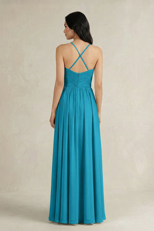 A - Line Pleated Spaghetti Strap Chiffon Bridesmaid Dress in Blue Jay - KissProm Bridesmaid Dresses