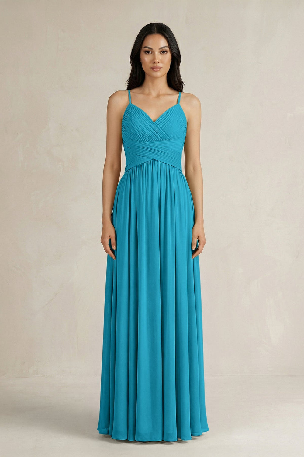 A - Line Pleated Spaghetti Strap Chiffon Bridesmaid Dress in Blue Jay - KissProm Bridesmaid Dresses