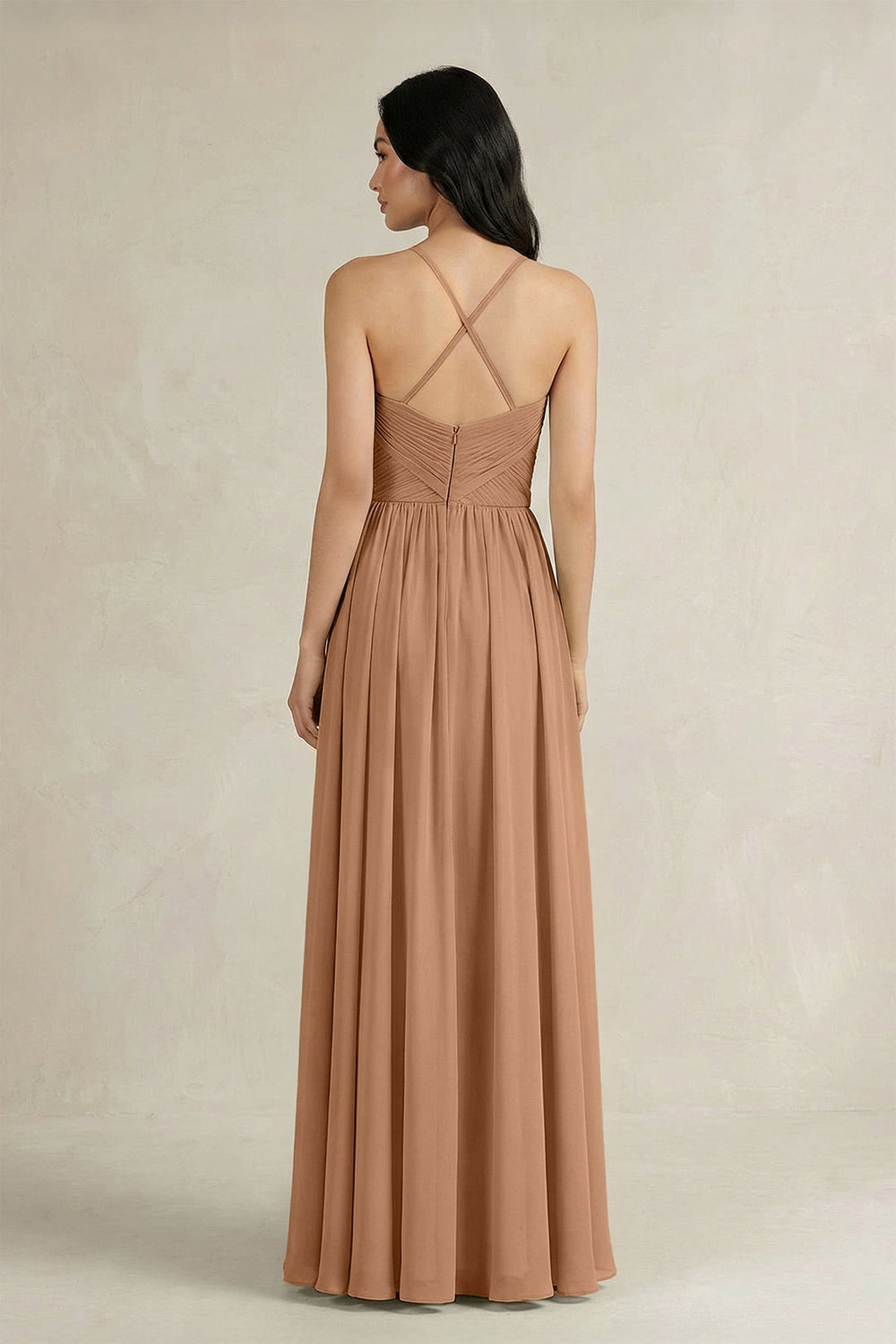 A - Line Pleated Spaghetti Strap Chiffon Bridesmaid Dress in Bronzer - KissProm Bridesmaid Dresses