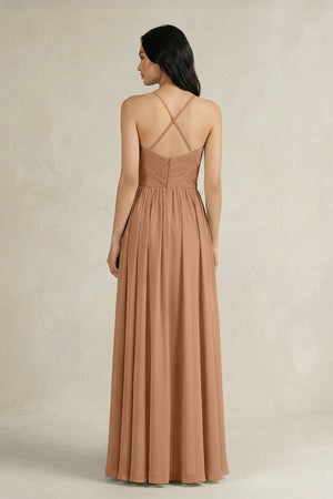 A - Line Pleated Spaghetti Strap Chiffon Bridesmaid Dress in Bronzer - KissProm Bridesmaid Dresses