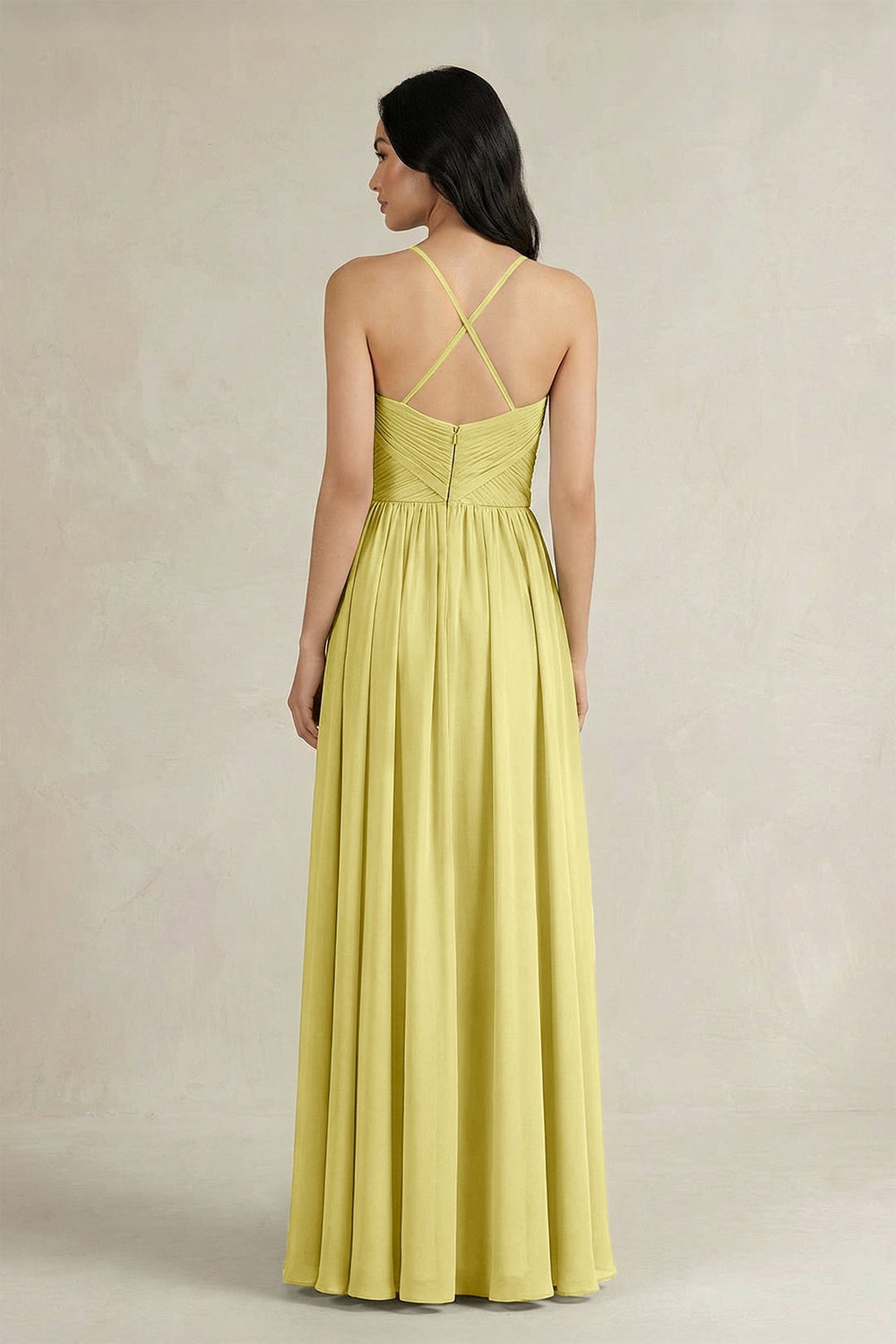 A - Line Pleated Spaghetti Strap Chiffon Bridesmaid Dress in Buttercup - KissProm Bridesmaid Dresses