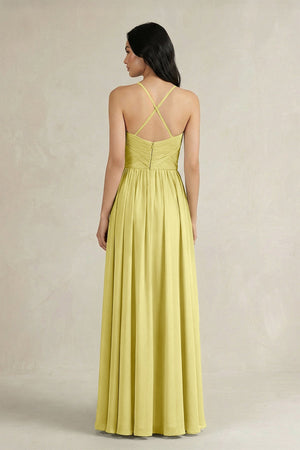 A - Line Pleated Spaghetti Strap Chiffon Bridesmaid Dress in Buttercup - KissProm Bridesmaid Dresses