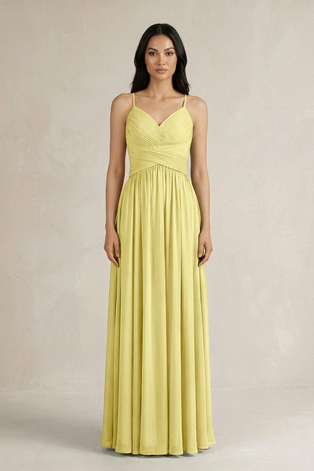 A - Line Pleated Spaghetti Strap Chiffon Bridesmaid Dress in Buttercup - KissProm Bridesmaid Dresses