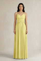 A - Line Pleated Spaghetti Strap Chiffon Bridesmaid Dress in Buttercup - KissProm Bridesmaid Dresses