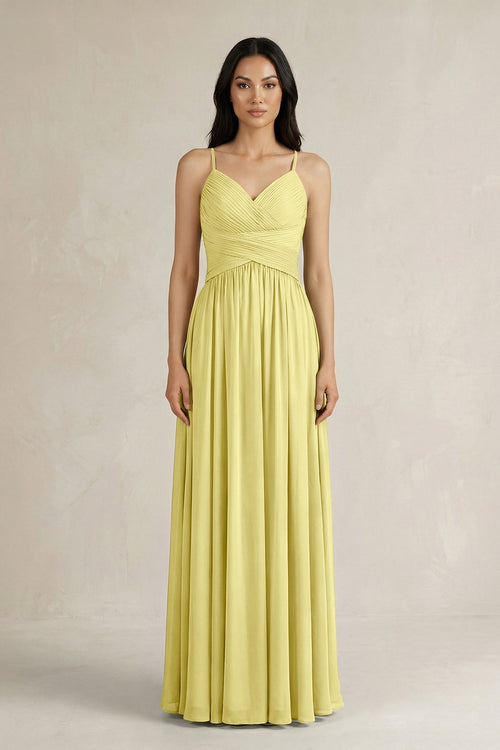 A - Line Pleated Spaghetti Strap Chiffon Bridesmaid Dress in Buttercup - KissProm Bridesmaid Dresses