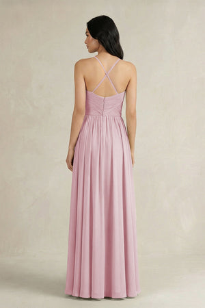 A - Line Pleated Spaghetti Strap Chiffon Bridesmaid Dress in Candy Pink - KissProm Bridesmaid Dresses