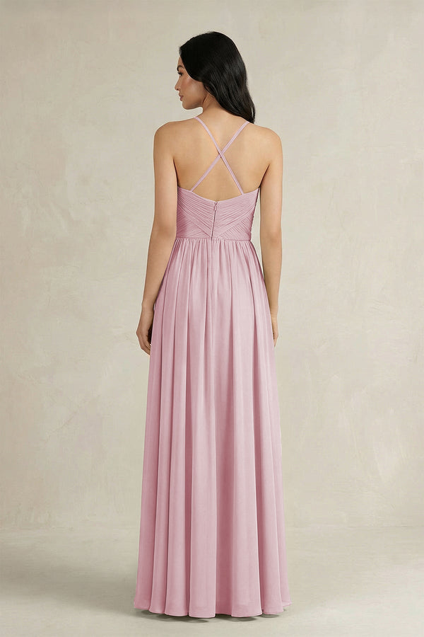A - Line Pleated Spaghetti Strap Chiffon Bridesmaid Dress in Candy Pink - KissProm Bridesmaid Dresses