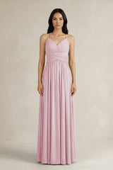 A - Line Pleated Spaghetti Strap Chiffon Bridesmaid Dress in Candy Pink - KissProm Bridesmaid Dresses