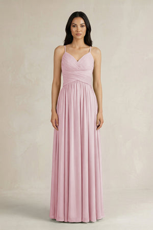 A - Line Pleated Spaghetti Strap Chiffon Bridesmaid Dress in Candy Pink - KissProm Bridesmaid Dresses