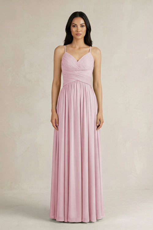 A - Line Pleated Spaghetti Strap Chiffon Bridesmaid Dress in Candy Pink - KissProm Bridesmaid Dresses