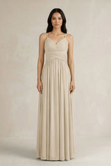A - Line Pleated Spaghetti Strap Chiffon Bridesmaid Dress in Champagne - KissProm Bridesmaid Dresses