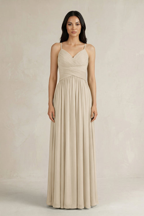 A - Line Pleated Spaghetti Strap Chiffon Bridesmaid Dress in Champagne - KissProm Bridesmaid Dresses