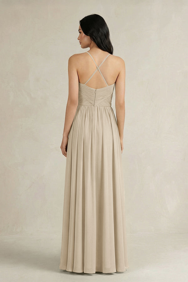 A - Line Pleated Spaghetti Strap Chiffon Bridesmaid Dress in Champagne - KissProm Bridesmaid Dresses