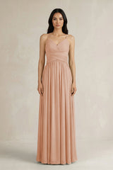 A - Line Pleated Spaghetti Strap Chiffon Bridesmaid Dress in Champagne Rose - KissProm Bridesmaid Dresses