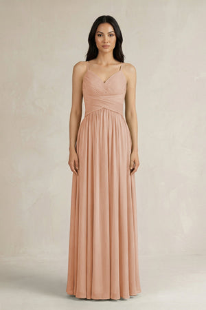 A - Line Pleated Spaghetti Strap Chiffon Bridesmaid Dress in Champagne Rose - KissProm Bridesmaid Dresses