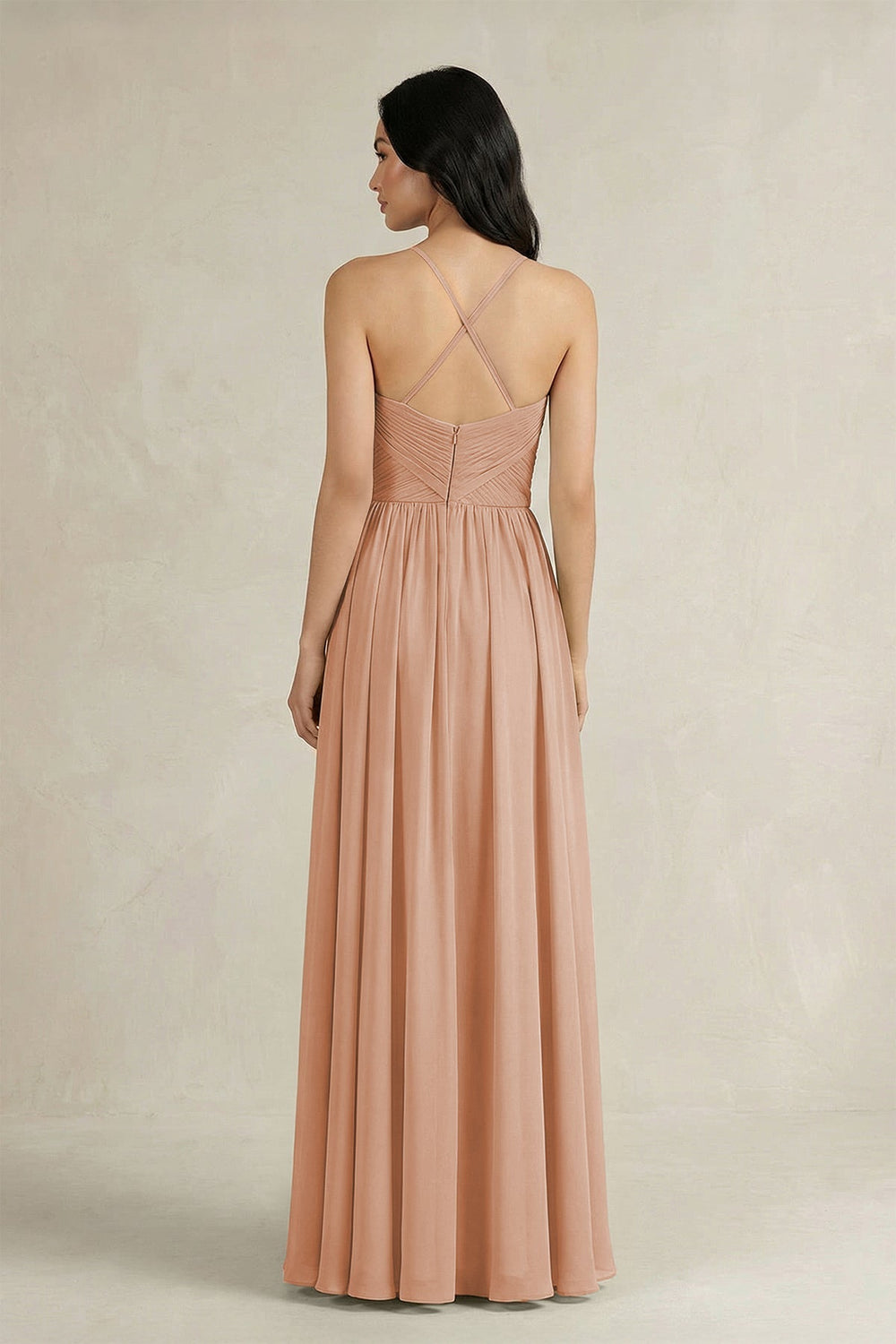 A - Line Pleated Spaghetti Strap Chiffon Bridesmaid Dress in Champagne Rose - KissProm Bridesmaid Dresses