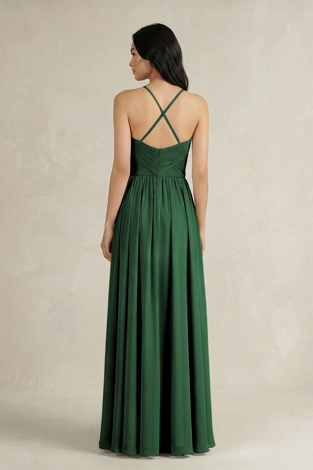 A - Line Pleated Spaghetti Strap Chiffon Bridesmaid Dress in Dark Green - KissProm Bridesmaid Dresses