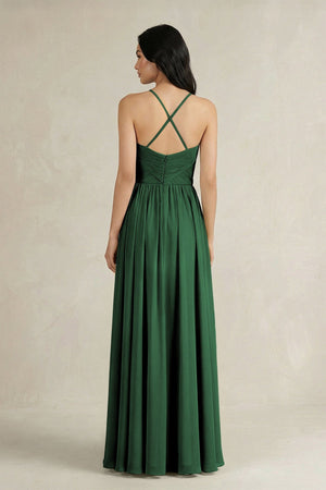A - Line Pleated Spaghetti Strap Chiffon Bridesmaid Dress in Dark Green - KissProm Bridesmaid Dresses