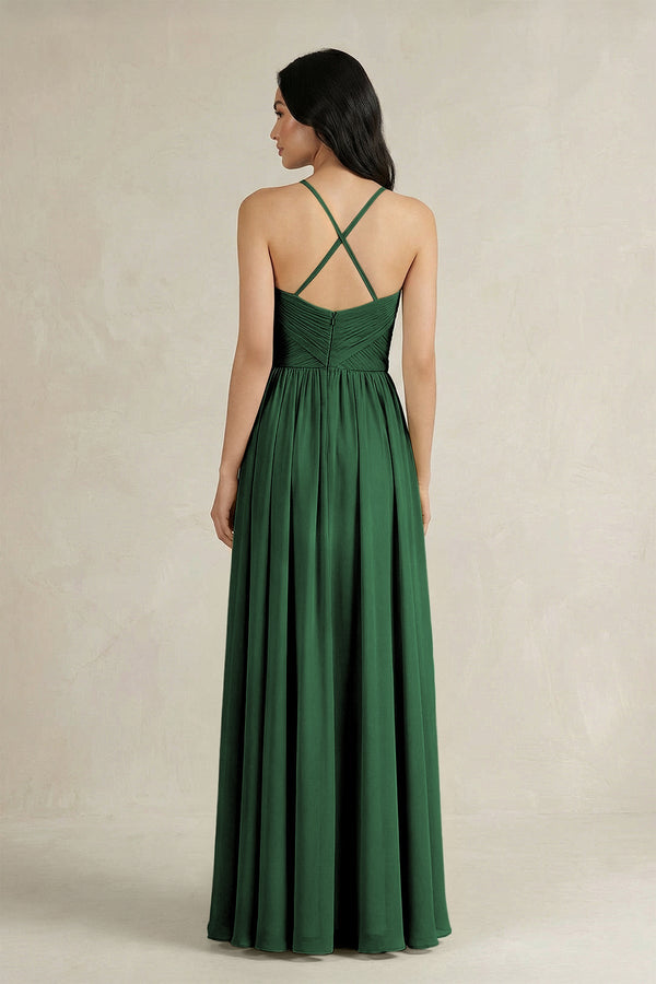 A - Line Pleated Spaghetti Strap Chiffon Bridesmaid Dress in Dark Green - KissProm Bridesmaid Dresses