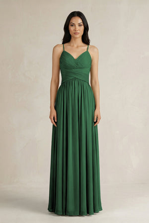 A - Line Pleated Spaghetti Strap Chiffon Bridesmaid Dress in Dark Green - KissProm Bridesmaid Dresses