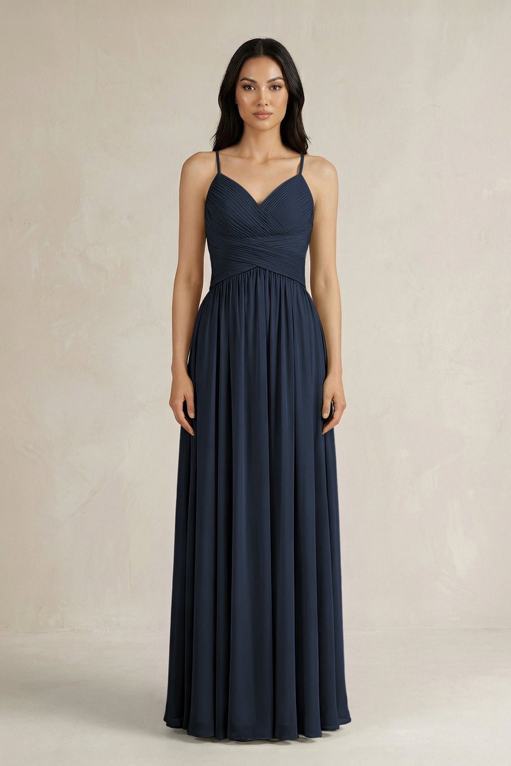 A - Line Pleated Spaghetti Strap Chiffon Bridesmaid Dress in Dark Navy - KissProm Bridesmaid Dresses