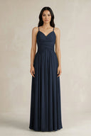 A - Line Pleated Spaghetti Strap Chiffon Bridesmaid Dress in Dark Navy - KissProm Bridesmaid Dresses