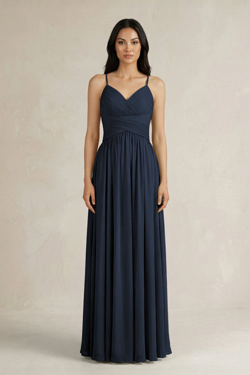 A - Line Pleated Spaghetti Strap Chiffon Bridesmaid Dress in Dark Navy - KissProm Bridesmaid Dresses