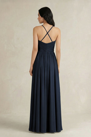 A - Line Pleated Spaghetti Strap Chiffon Bridesmaid Dress in Dark Navy - KissProm Bridesmaid Dresses