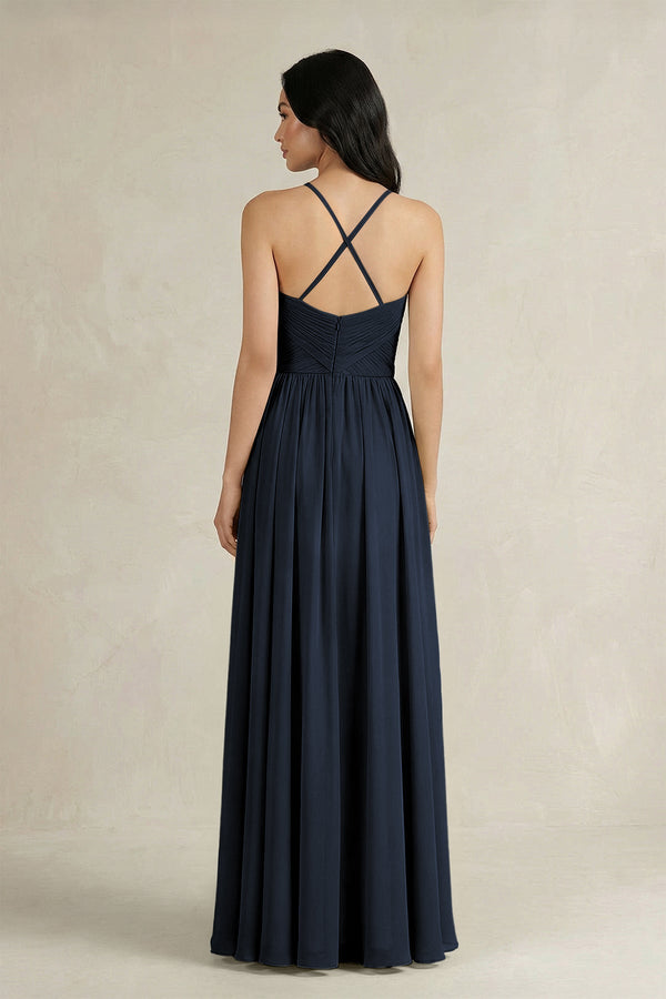 A - Line Pleated Spaghetti Strap Chiffon Bridesmaid Dress in Dark Navy - KissProm Bridesmaid Dresses