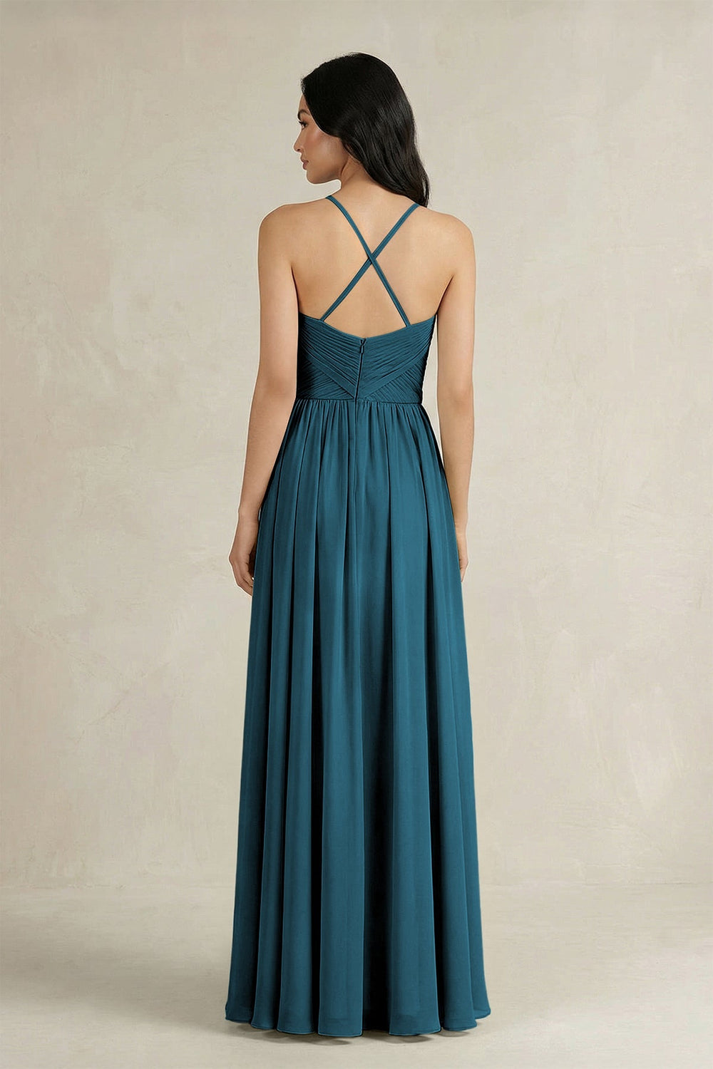 A - Line Pleated Spaghetti Strap Chiffon Bridesmaid Dress in Dark Teal - KissProm Bridesmaid Dresses